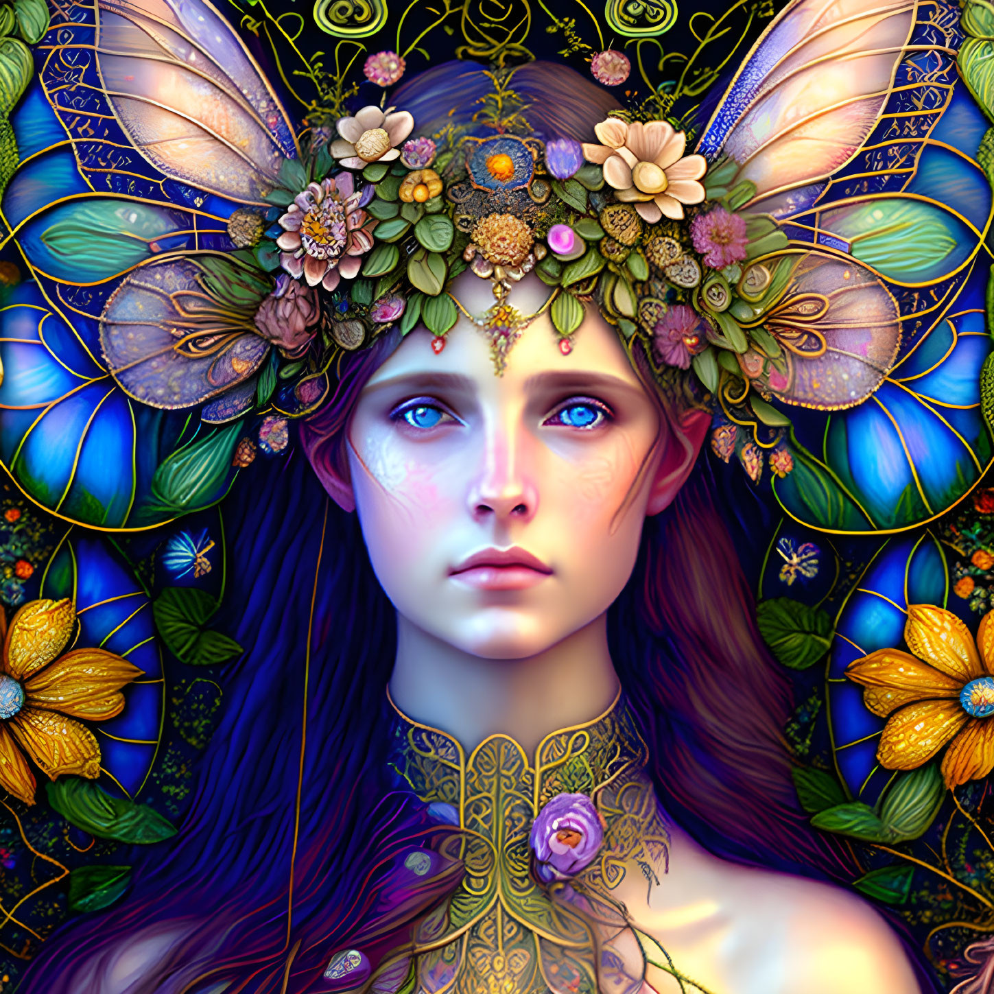 Digital artwork: Female figure with blue eyes, floral crown, and butterfly wings on stained-glass backdrop