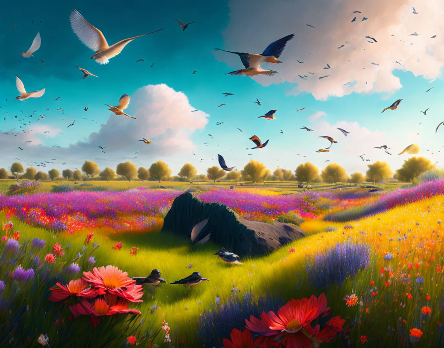 Colorful Flower Landscape with Birds and Stones under Blue Sky