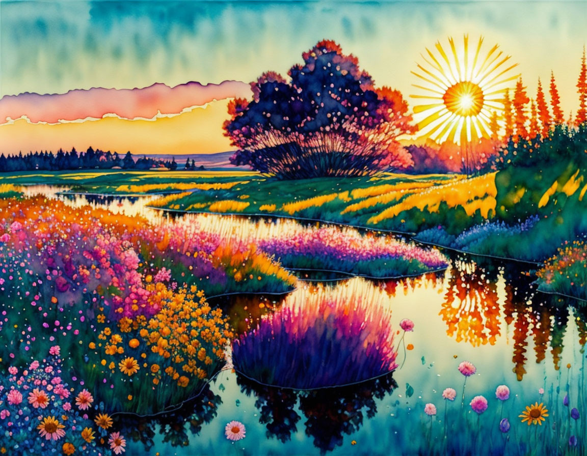 Colorful sunset painting with flowers, trees, river, and reflections