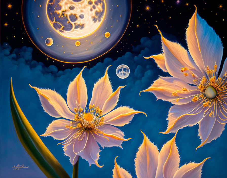 Vibrant flowers with cosmic background of planets and stars