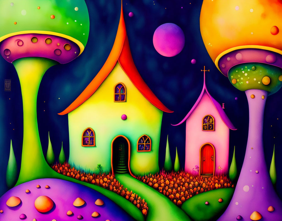 Colorful House, Church, and Mushrooms in Whimsical Landscape