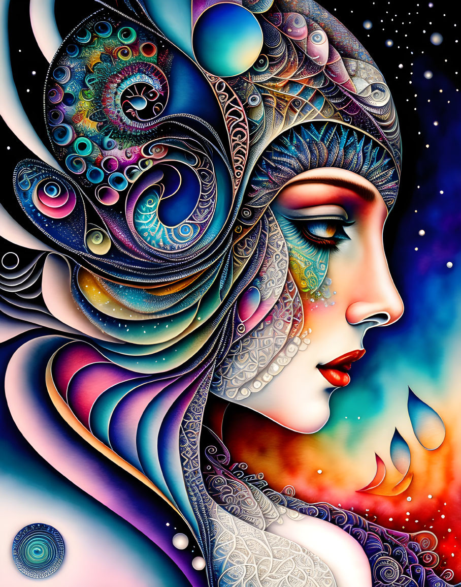 Colorful profile portrait with celestial motifs and intricate patterns