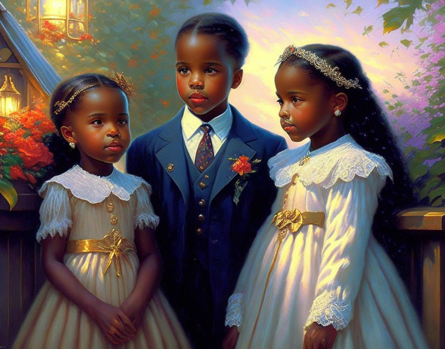 Three children in formal attire - boy in a suit between two girls in white dresses, in a garden