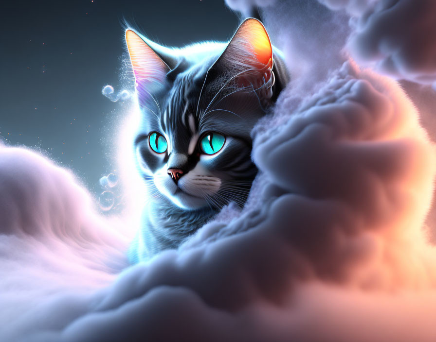 Ethereal cat digital art: glowing eyes, starry sky, soft clouds.