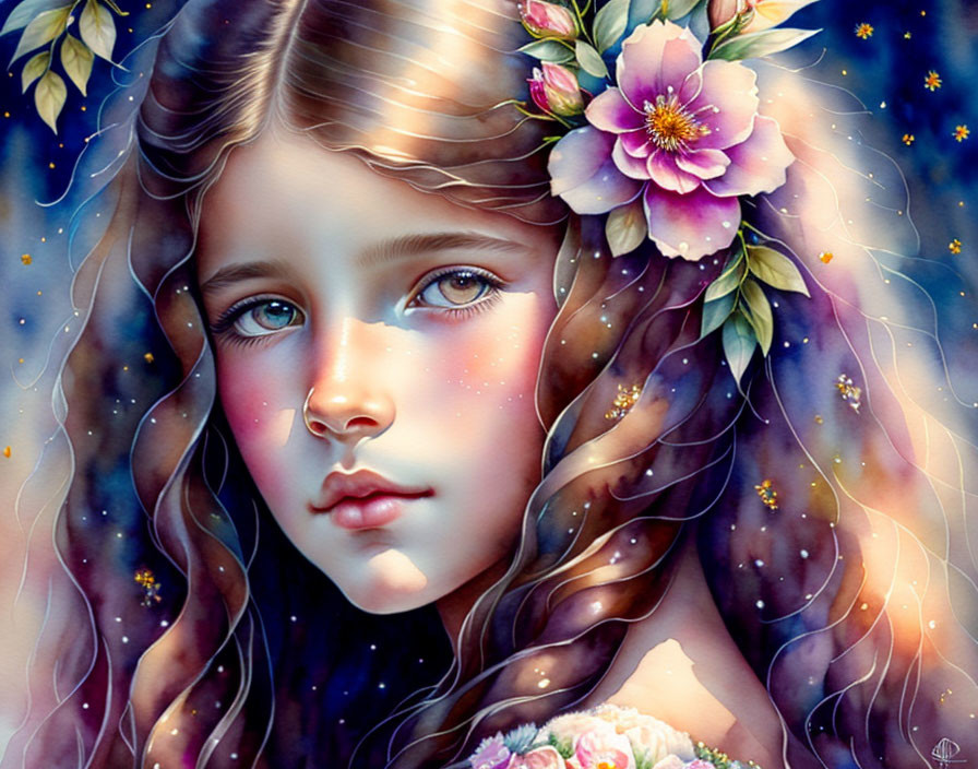 Digital illustration: Girl with blue eyes, floral hair, starry backdrop