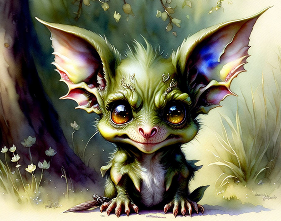 Whimsical creature with large ears and yellow eyes in fantasy woodland