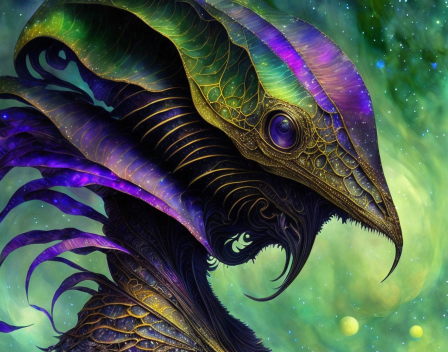 Mythical dragon digital artwork with iridescent purple and green scales