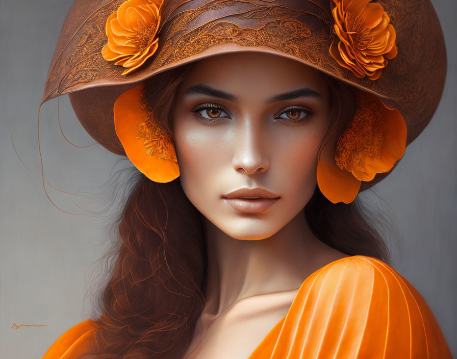 Portrait of woman with deep-set eyes in ornate orange hat and outfit against neutral background