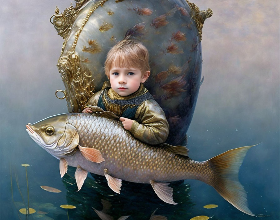 Young child holding large fish in front of ornate classical urn decorated with feathers in fantastical setting