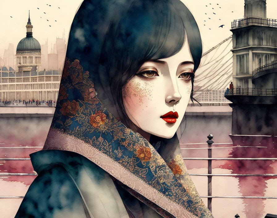 Illustrated portrait of woman with pale skin and red lips in patterned shawl against cityscape.