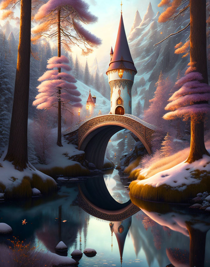 Snow-dusted bridge and ornate tower in serene fantasy landscape