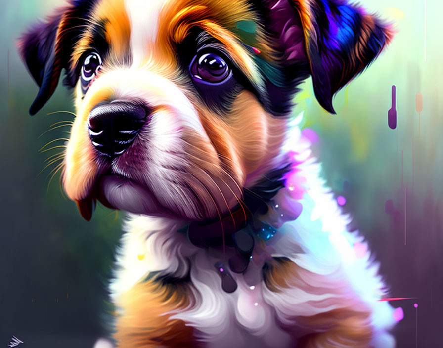 Vibrant digital artwork: Puppy with expressive eyes & multicolored coat