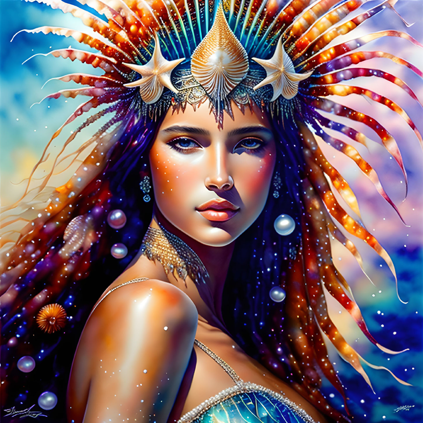 Colorful portrait of a woman with sea-themed crown against blue ocean backdrop