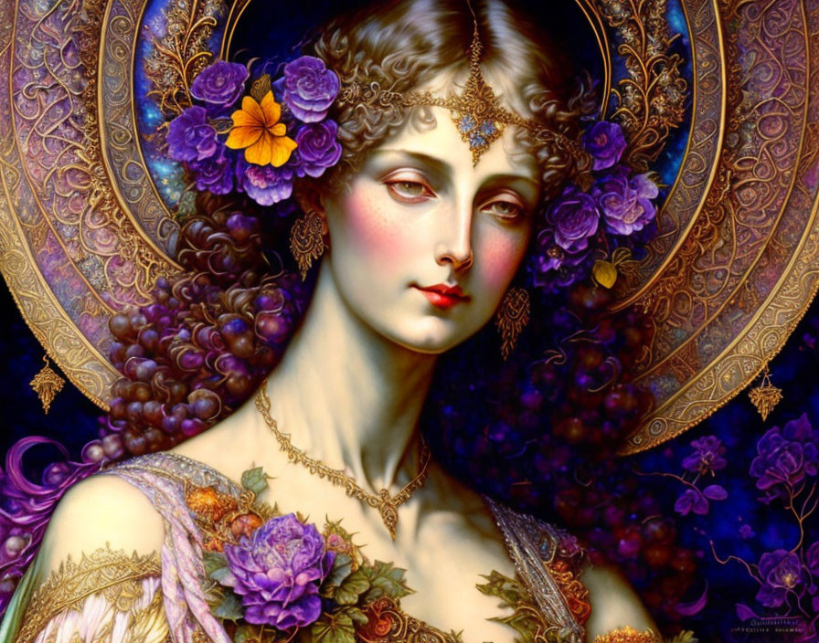 Woman with Floral and Grape Motifs in Mystical Artwork