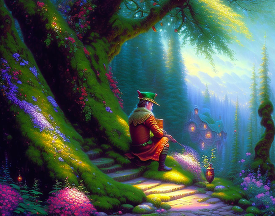 Enchanted forest with vivid flowers, whimsical cottage, sunlight beams, and pensive person in