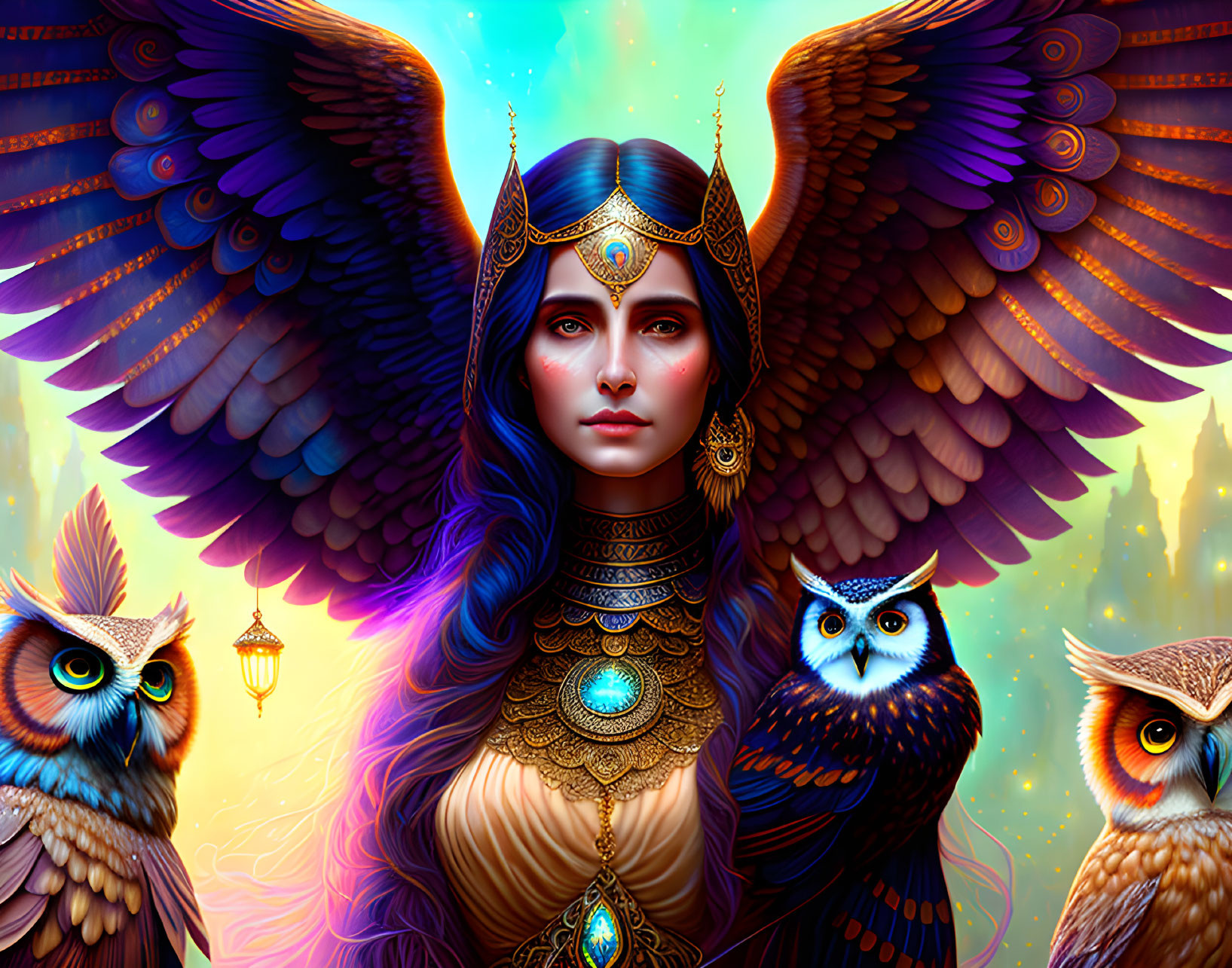 Fantasy illustration: Woman with owl-like wings, gold jewelry, owls in vibrant sky