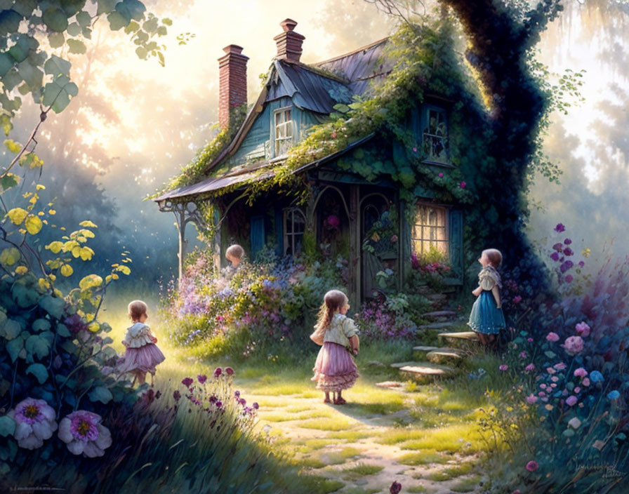 Charming cottage in green garden with children playing