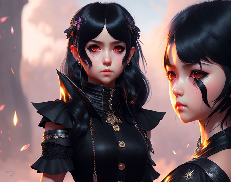 Gothic digital art: two girls with black hair, fair skin, and red eyes in ember