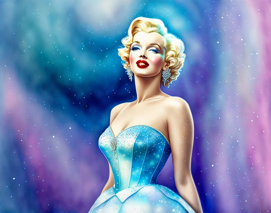 Illustration of Woman in Sparkling Blue Gown on Colorful Background