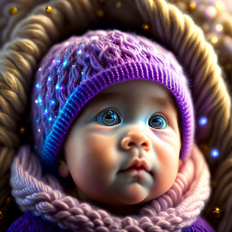 Blue-eyed baby in purple hat wrapped in warm blankets with twinkling lights