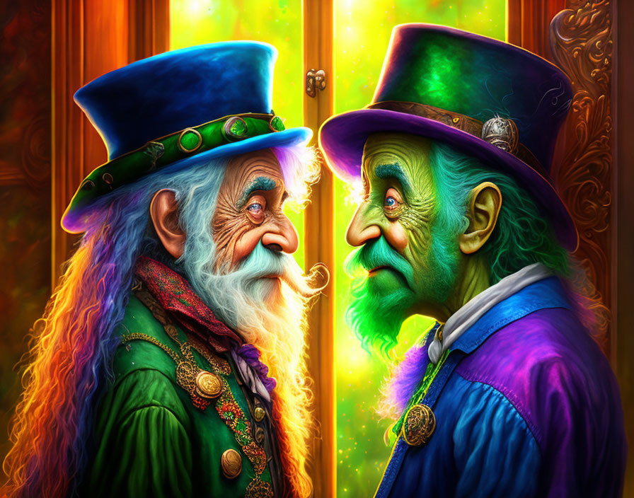 Elderly animated gentlemen in colorful attire with top hats, facing each other near a glowing door