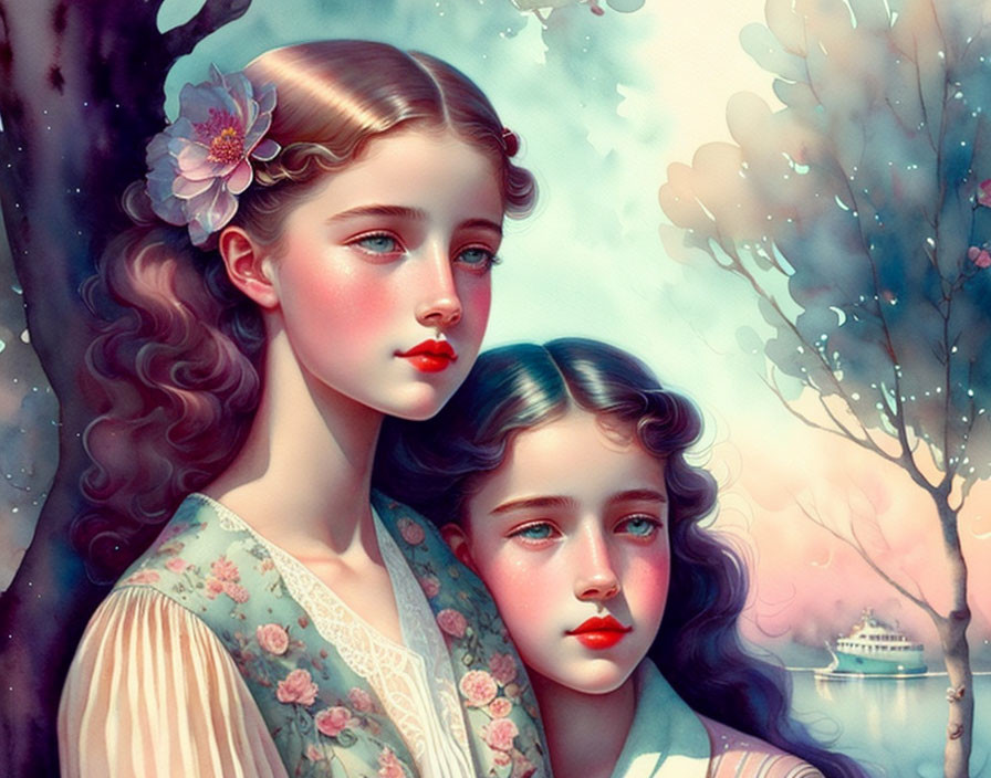 Two girls with serene expressions in pastel tones, adorned with flowers in hair, set against dreamy