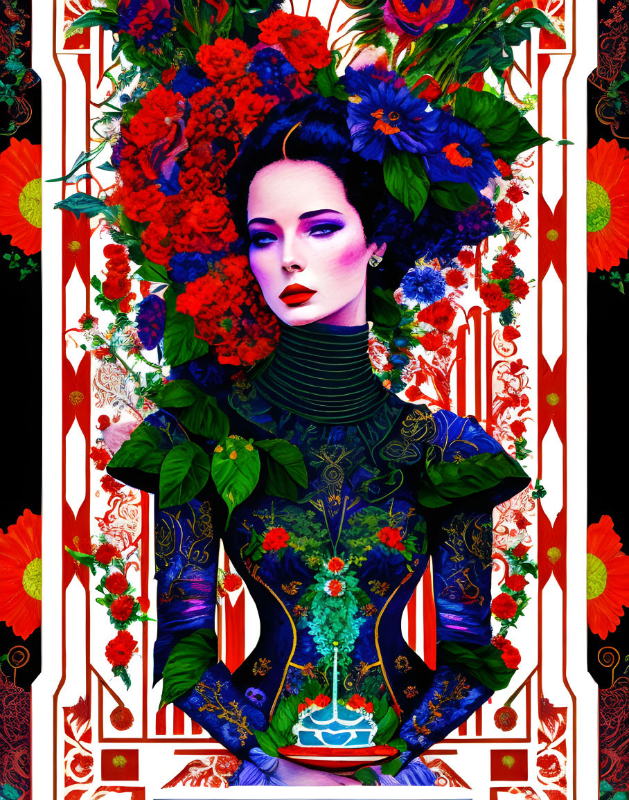 Colorful portrait of woman with floral hair and dress against intricate red border.