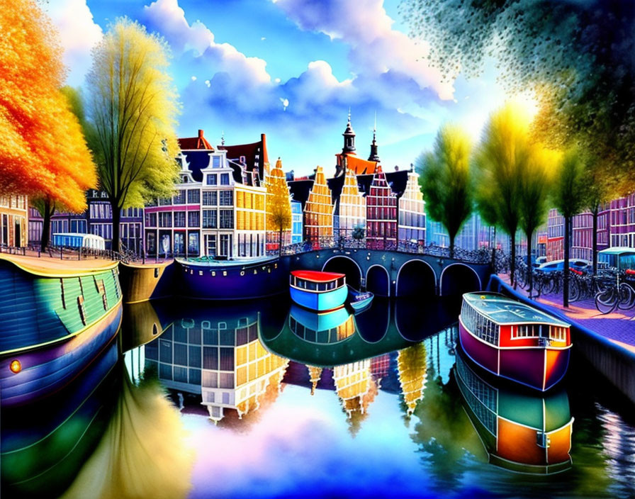 Colorful digital artwork: Amsterdam canal, houses, houseboats, bicycles, starry night sky blending