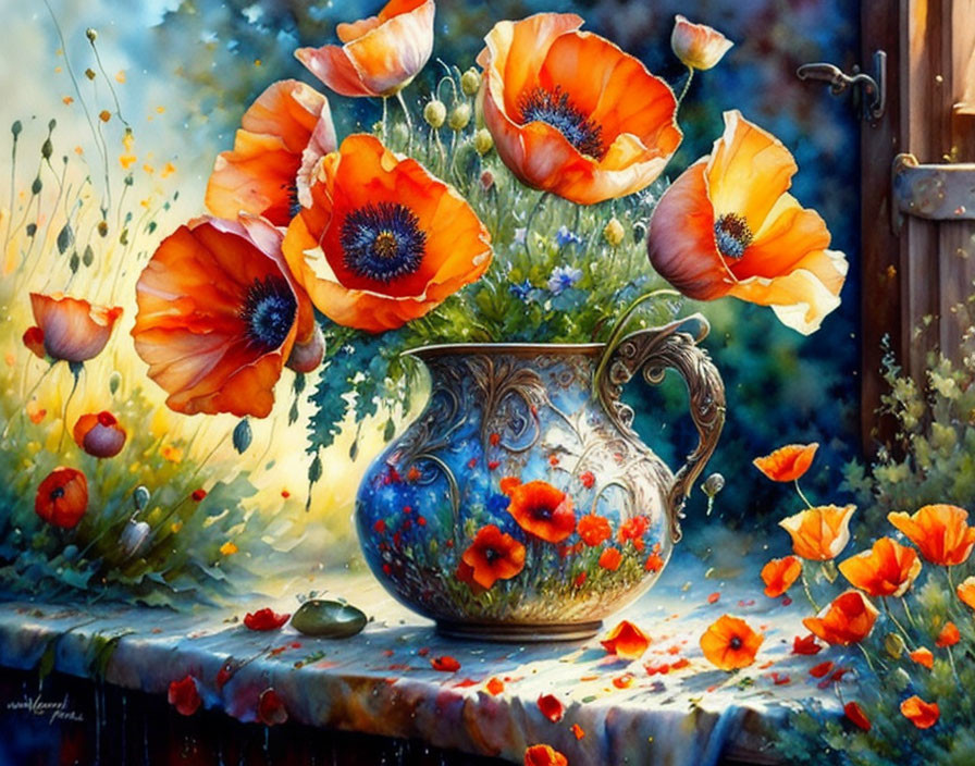 Colorful red and orange poppies in ornate vase on table with garden backdrop