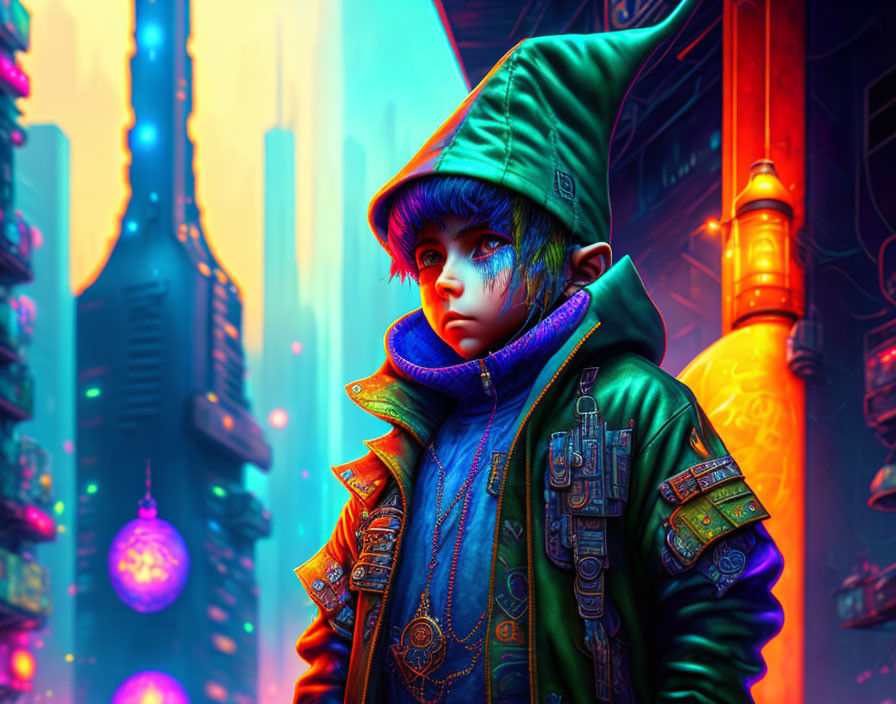 Child in hooded jacket in vibrant futuristic cityscape