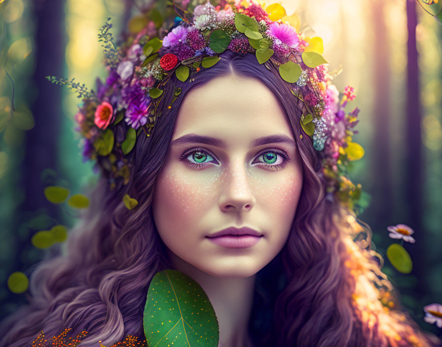 Young woman with green eyes in floral crown in whimsical forest setting