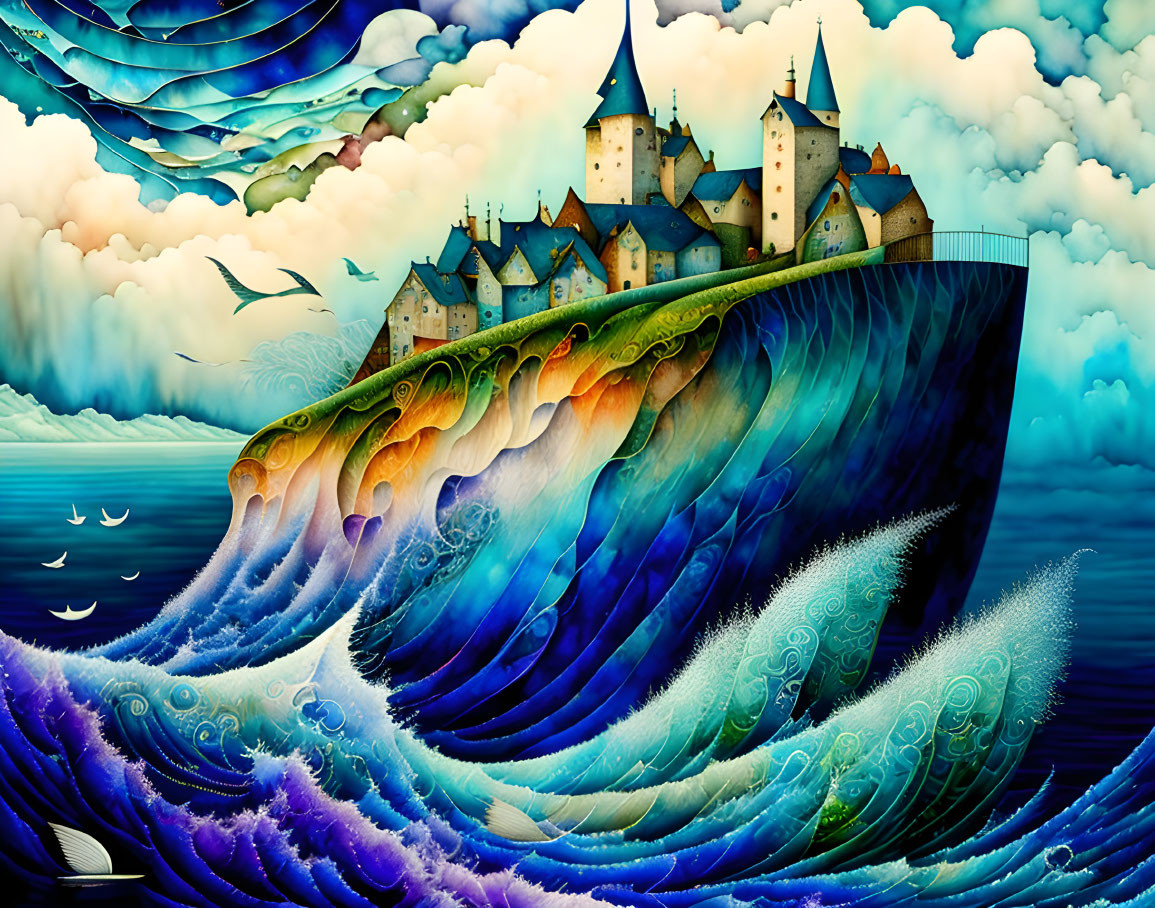 Surreal castle on cliff shaped like wave with vibrant colors