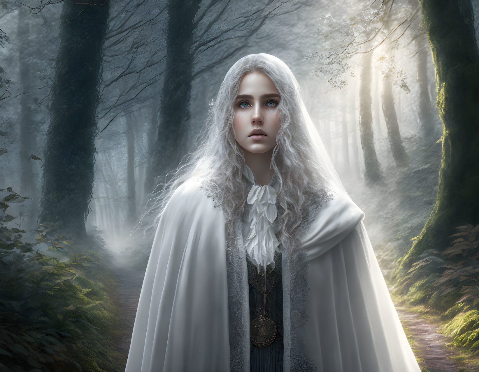 Mystical woman with long white hair in foggy forest with light filtering.