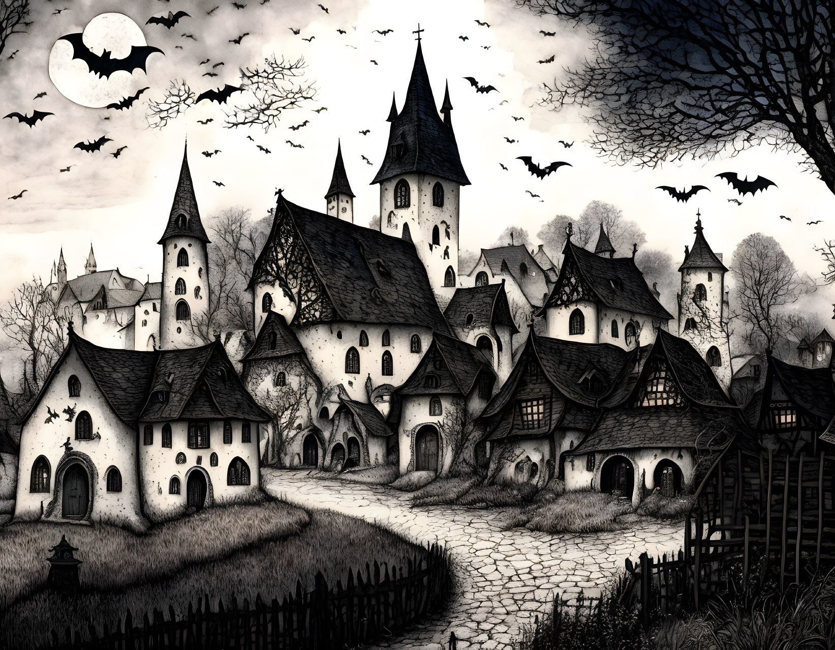 Monochrome Gothic village with church, bats, full moon, bare trees & winding path