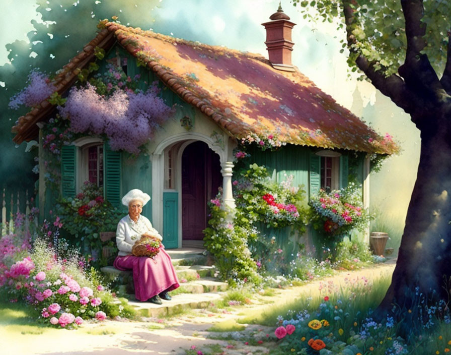 Elderly Woman Sitting in Front of Quaint Cottage Garden