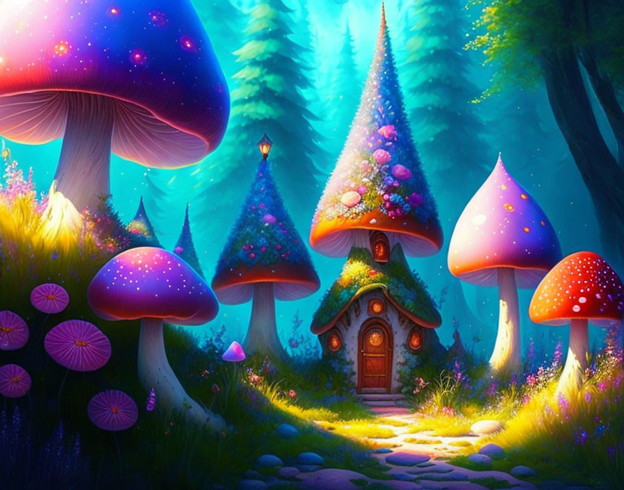 Colorful oversized mushroom houses in whimsical forest glow.