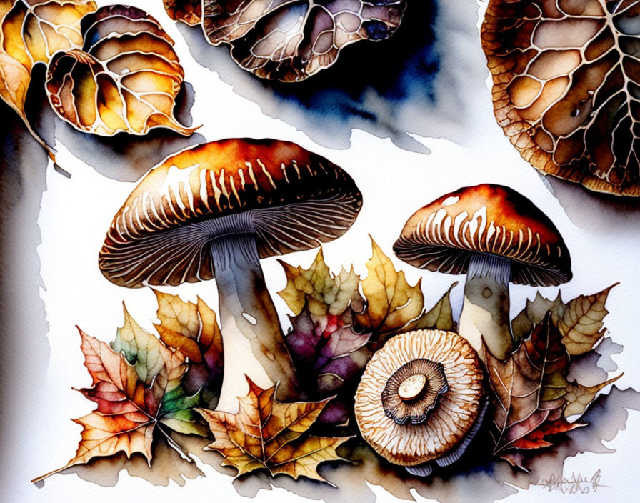 Detailed Watercolor Painting of Mushrooms and Autumn Leaves