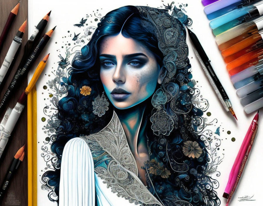 Detailed dark blue hair woman surrounded by art supplies & lace patterns