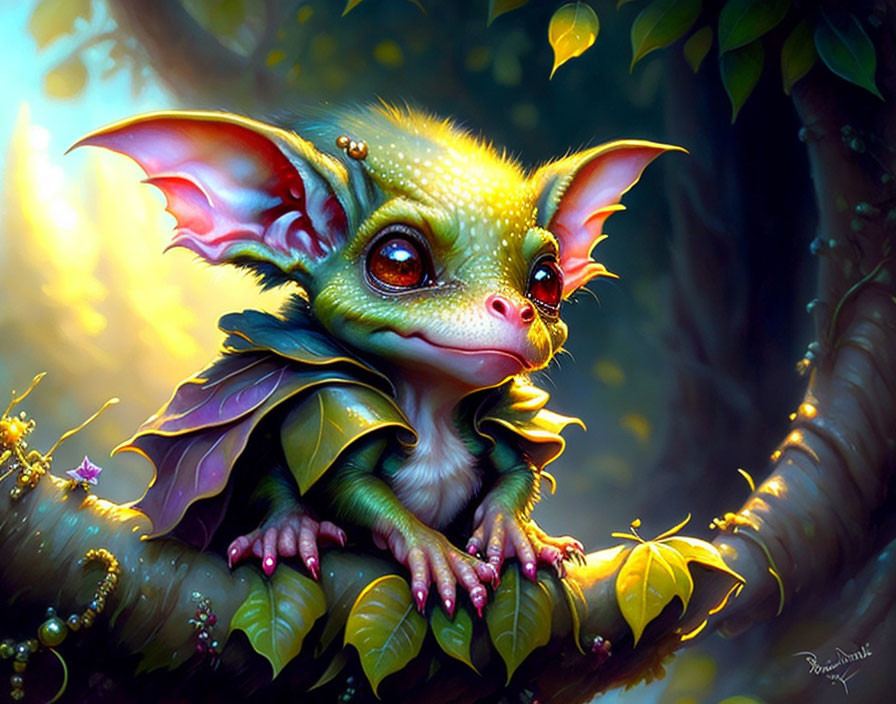 Illustration of Green Bat-Like Creature with Red Eyes in Leafy Setting