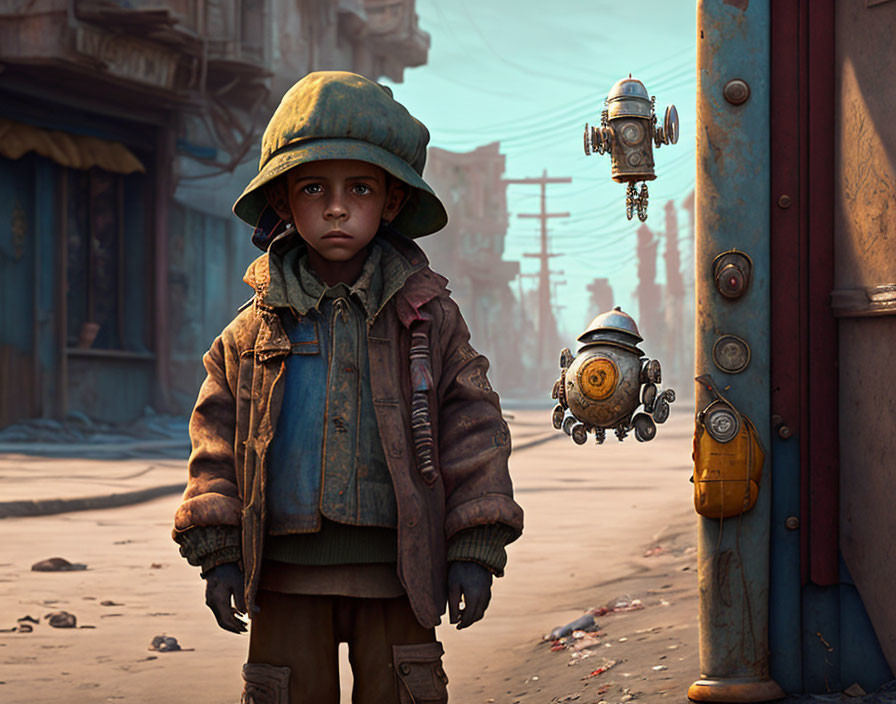 Young boy in oversized clothes with floating robot in deserted street