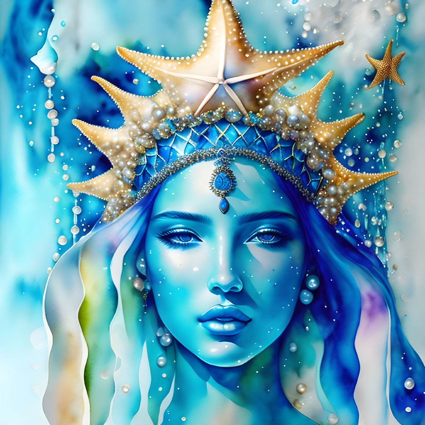 Blue-skinned woman with marine elements and crown in fantasy illustration