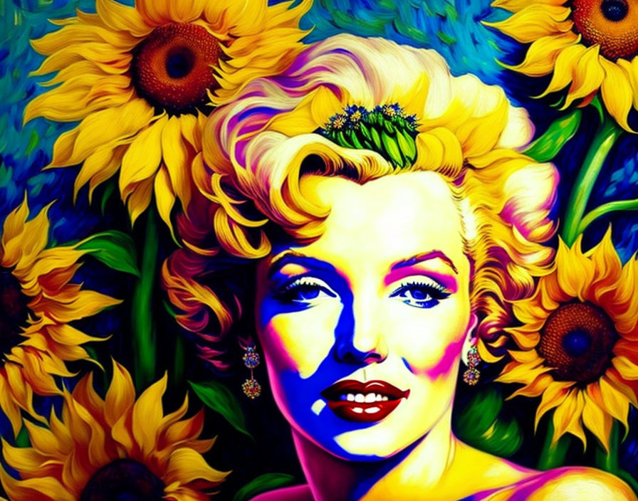 Colorful Artwork: Smiling Woman with Sunflowers in Bright Blues, Yellows, and