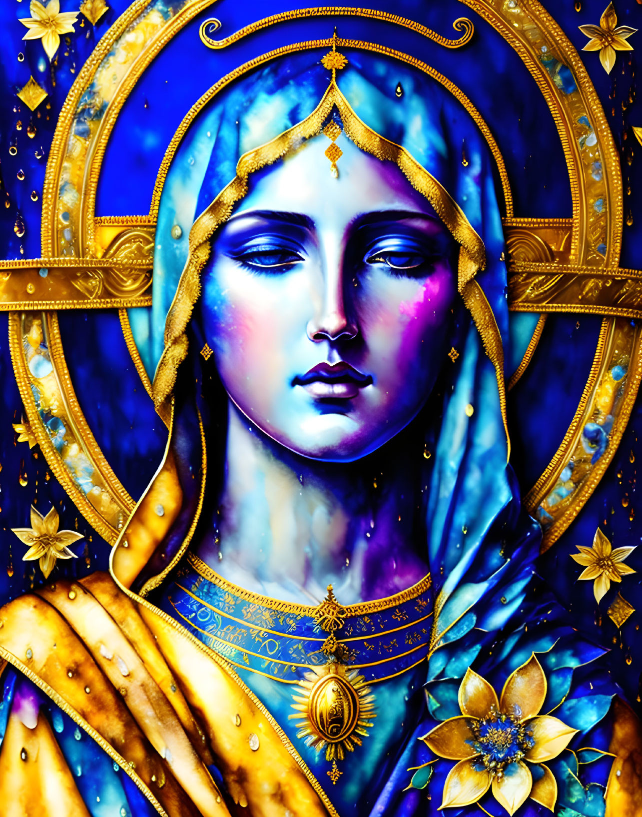 Figure in Serene Blue and Gold Attire with Celestial Motifs