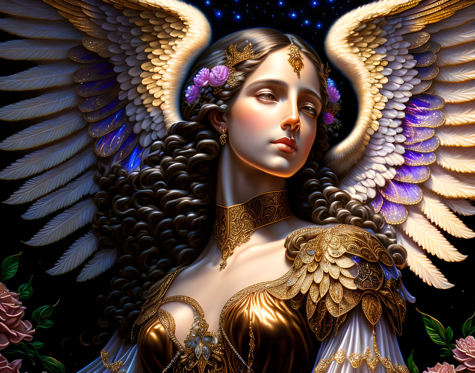 Digital artwork: Woman with angelic wings, golden attire, roses - ethereal and regal vibe