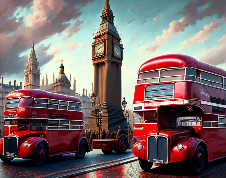 Stylized London illustration: red buses, Big Ben, Houses of Parliament, pink sky