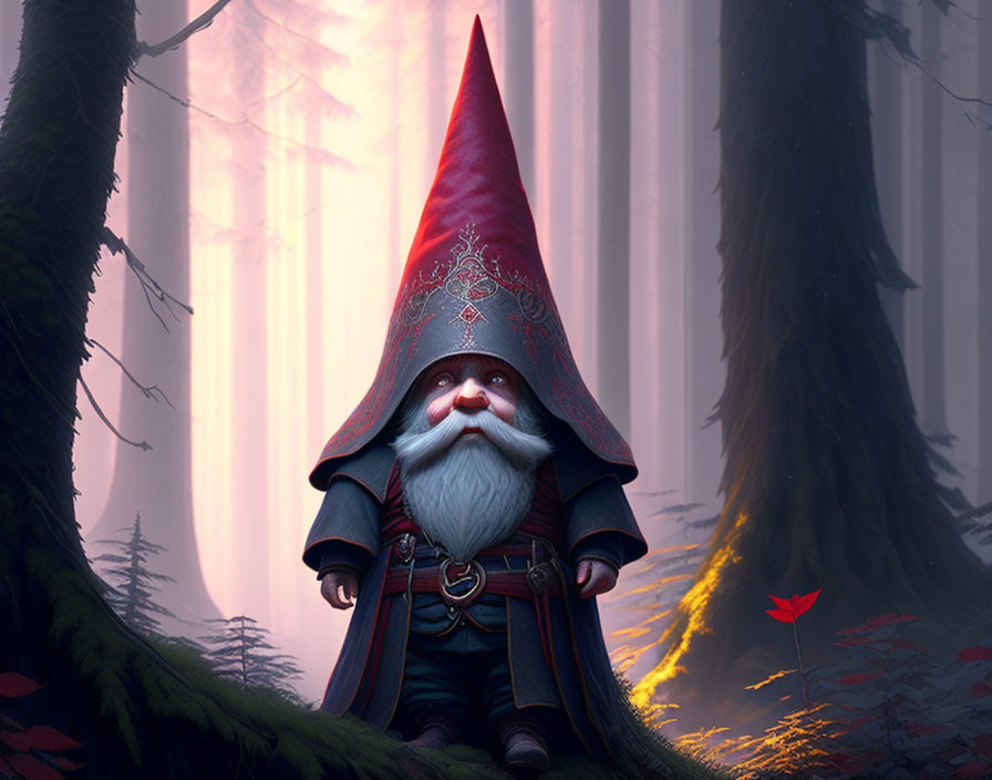 Illustrated gnome in red hat in misty forest with sunlight and falling red leaf