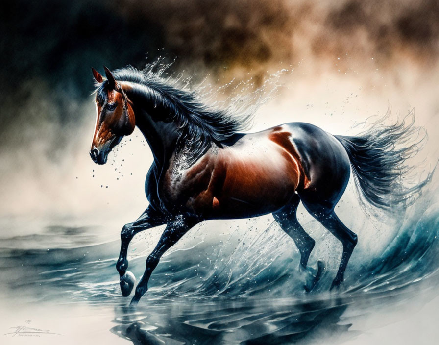 Majestic bay horse galloping through water with dynamic splashes