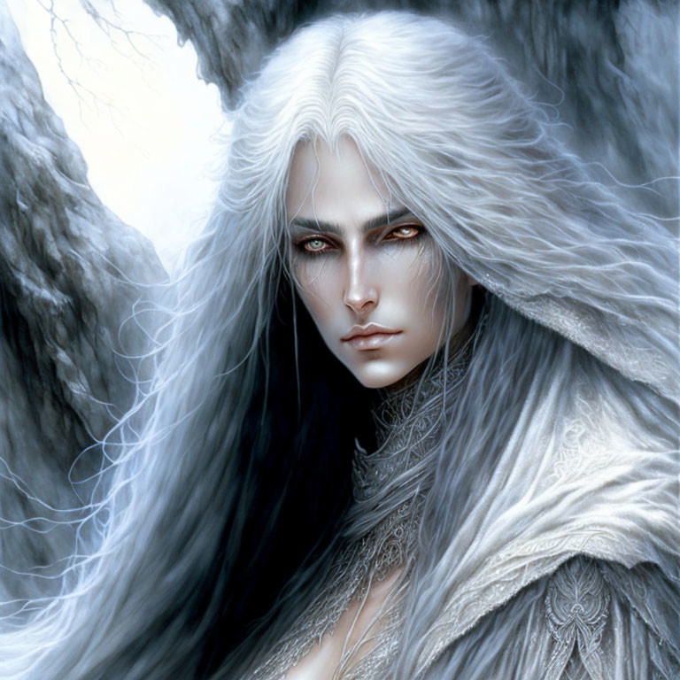 Fantasy character with long white hair and red eyes in silver robes