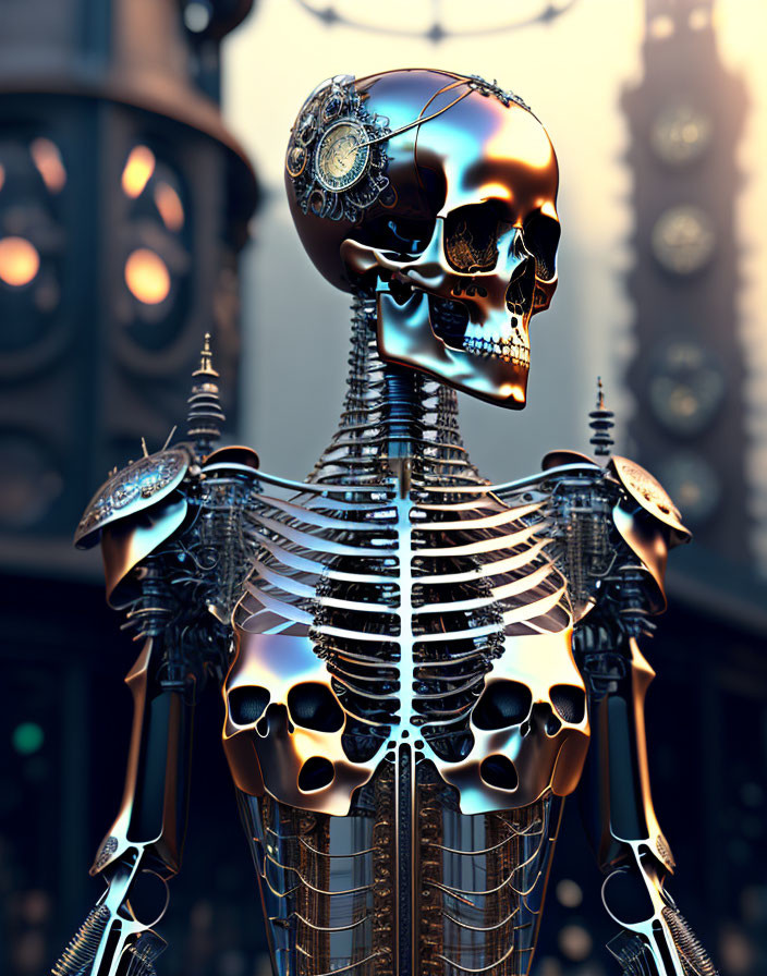 Detailed metallic skeleton with skull and gears in steampunk setting