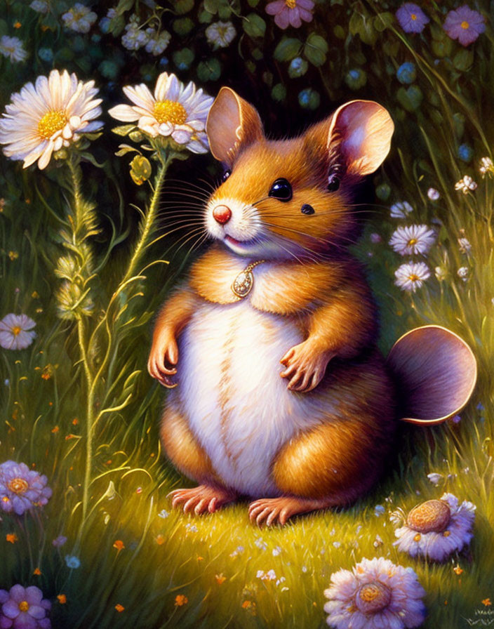 Anthropomorphic mouse in flower field with locket